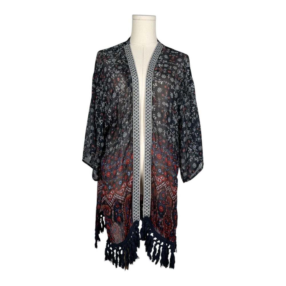 Xhilaration Sheer Floral Paisley Kimono with Fringe Trim Large
